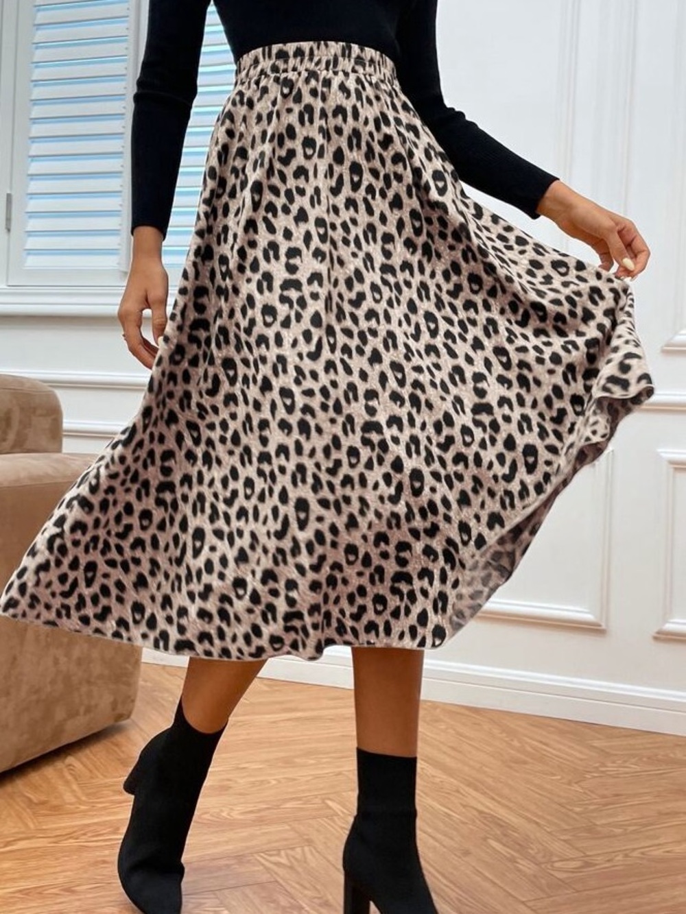 Wild Dot Midi Skirt in Beige/Black